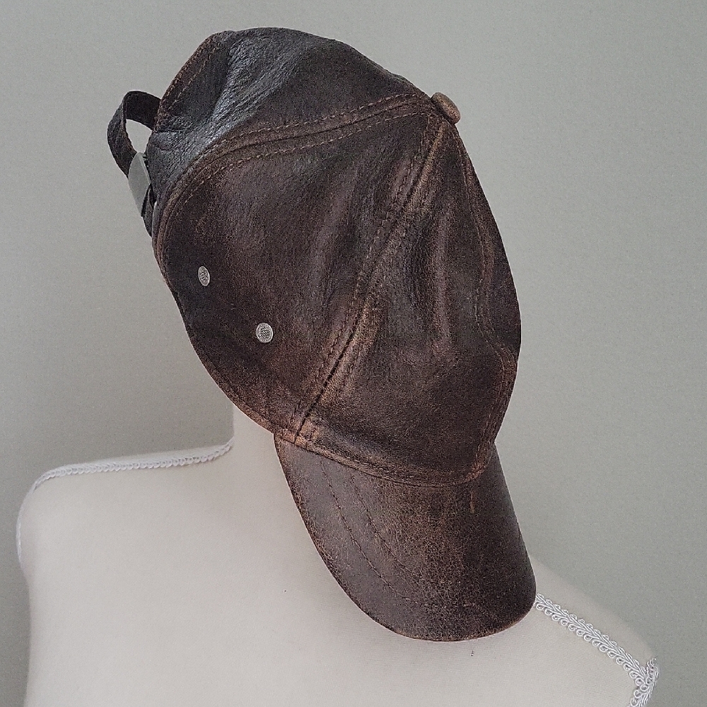 Brown Leather Baseball Cap One Size Adjustable